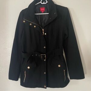 Guess Womens Black Wool Blend Belted Coat Gold Tone Hardware Size M